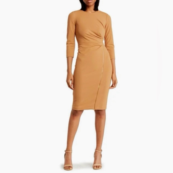 Calvin Klein Sheath, 3/4 Sleeve, Rushed Front Zipper Dress - Picture 3 of 12